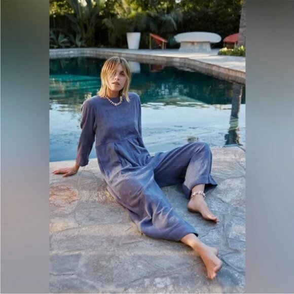 Free People Blue Shiloh Cotton Linen Blend One-Piece Jumpsuit in Wild Moon - Picture 1 of 10